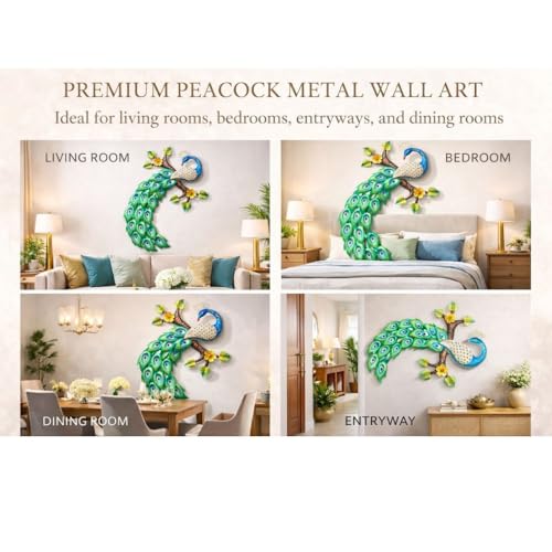 Image of Framing Hub - Metal Big Hand Painted Peacock Wall Art Decor | Decorative Wall Sculpture for Living Room Bedroom Drawing Room Office (Size 30x22 Inch)