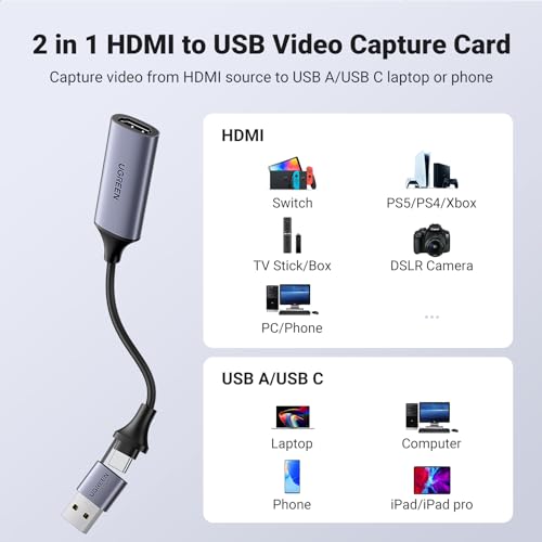 UGREEN Placa de captura de vídeo 4K HDMI para USB-A/USB-C Placa de captura HDMI Full HD 1080P USB 2.