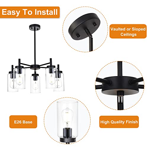 Vinluz 5 Light Contemporary Chandeliers Black Modern Lighting Fixtures Hanging,Industrial Vintage Pendant Lights With Clear Glass Shade Flush Mount Ceiling Light For Dining Room Bedroom #TOP4