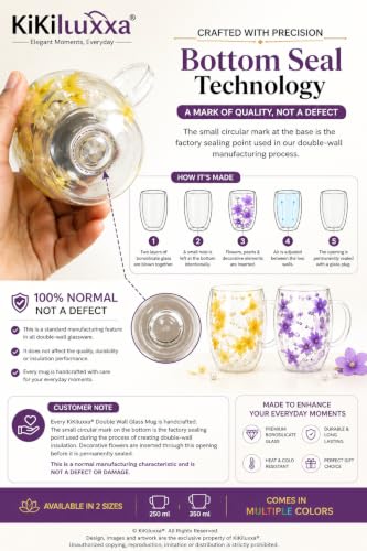 Image of KiKiluxxa 350ml Double Wall Glass Tea Coffee Mug Set of 2 | Glass Cups with Movable Decorative Flowers & Pearl Beads | Insulated Glass Mug for Tea, Coffee, Milk, Gift (Royal Lavender+Sky Bloom)