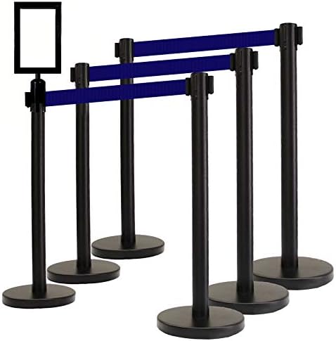 VIP Crowd Control Retractable Belt Stanchion Queue Safety Barrier Set,36" Ht, 78" Blue Belt + Sign Frame + Wall Bracket (6 Posts+SFrame+WBracket)