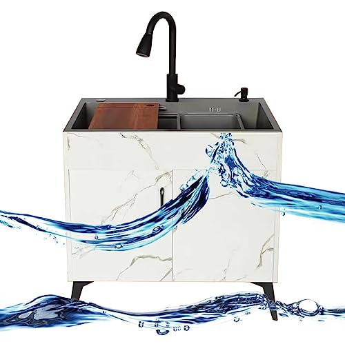 Lavello commerciale a vasca singola con rubinetto dell'acqua calda e fredda, design autoportante, ripiano e scolapiatti per garage, ristorante, cucina e lavanderia, finitura bianca.