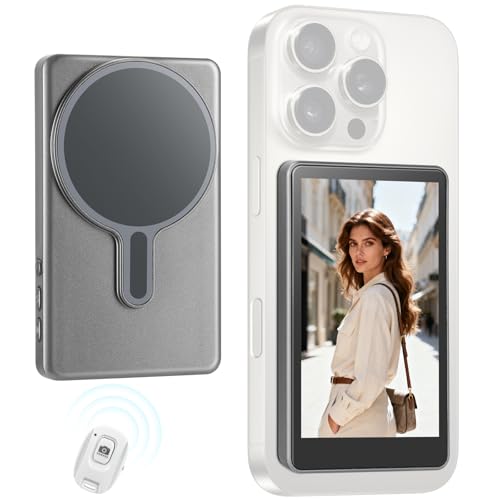 AFFLAT Magnetic Phone Vlog Selfie Monitor Screen with Photo Function and External Speaker, Back Camera Selfie Monitor with Bluetooth Remote Control, Compatible with iPhone and Android Systems