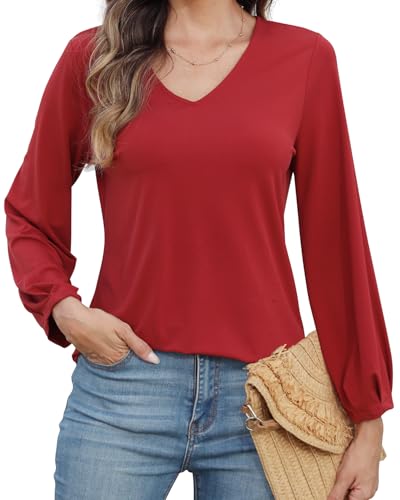 Amzdora Womens Dressy Tops V Neck Floral Long Sleeve Shirts Loose Puff Sleeve Work Blouses Casual Fall Stylish Clothes Red - image 1