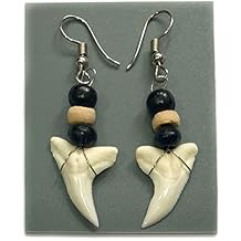 Genuine Mako Shark Tooth Earrings, Handmade Wooden Beads Dangle Shark Tooth Earrings for Women Jewelry GA056-A