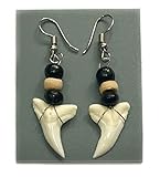 Genuine Shark Tooth Earrings for Women Men Boys Girls Surfer Dangle Drop Wooden Beads Handmade Jewel