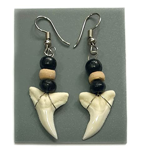 Genuine Mako Shark Tooth Earrings, Handmade Wooden Beads Dangle Shark Tooth Earrings for Women Jewelry GA056-A