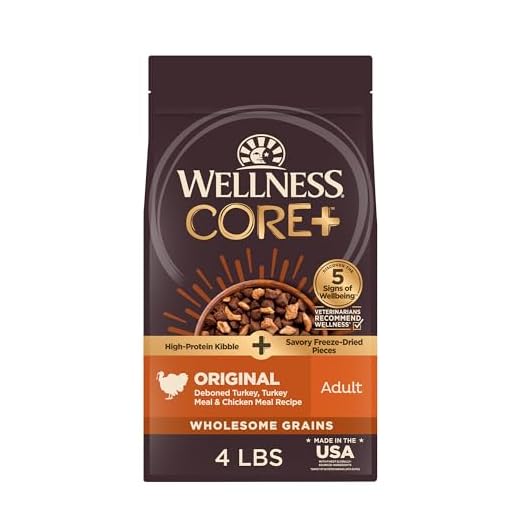 Wellness CORE+ Dry Dog Food with Freeze Dried Pieces, Wholesome Grains, High Protein, Natural, Original Turkey & Chicken Recipe, (4-Pound Bag)