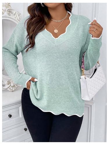 Image of MakeMeChic Women's Plus Size Long Sleeve Sweaters Scalloped V Neck Knit Cozy Sweater Pullover Blue 2XL