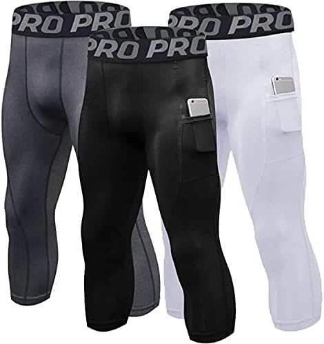 LANBAOSI Compression Pants for Men 3/4 Capri Leggings Dry Fit Workout Running Athletic Gym Tights Bottom 3 Pack with Pockets