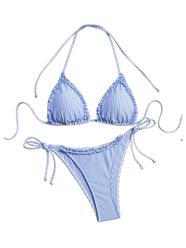 Verdusa Women's 2 Piece Striped Halter String Cute Bikini Sets Swim Suits Cheeky Triangle Bathing Suit
