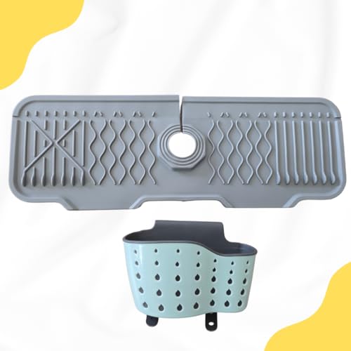 Crease Free Kitchen Faucet Sink Splash Guard | Faucet Drip Catcher Mat & Hanging Sink Caddy – 2-Piece Kitchen Sink Organizer Set for Countertop Protection & Clutter-Free Cleaning (Modern Grey)