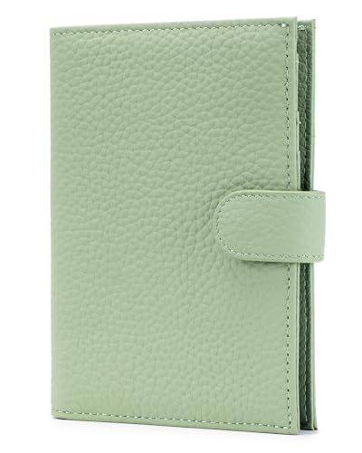 Karmiir RFID Slim Passport Holder for Women, Compact Leather Passport Wallet with Card Holders SIM Slots,Zippered Coins Pocket and Cash Compartment Travel Passport Cover Case, Light Green