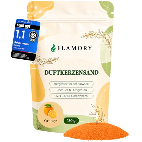 Kerzensand mit Duft 150g (Orange) Duftkerzensand 3 Dochte inklusive 100% Pflanzenwachs rußarm ohne Paraffin bis 24 Std. Brenndauer Candle Sand Kerzensand mit Docht