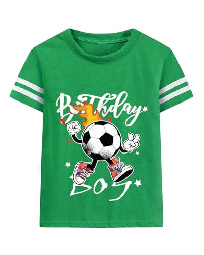 Image of Kid Boy Birthday Football Shirt Striped Short Sleeve Top Birthday Boys Tee Green 3-4 Years