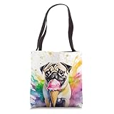Watercolor Splash Pug Eating Ice Cream Funny Dog Gift Tote Bag