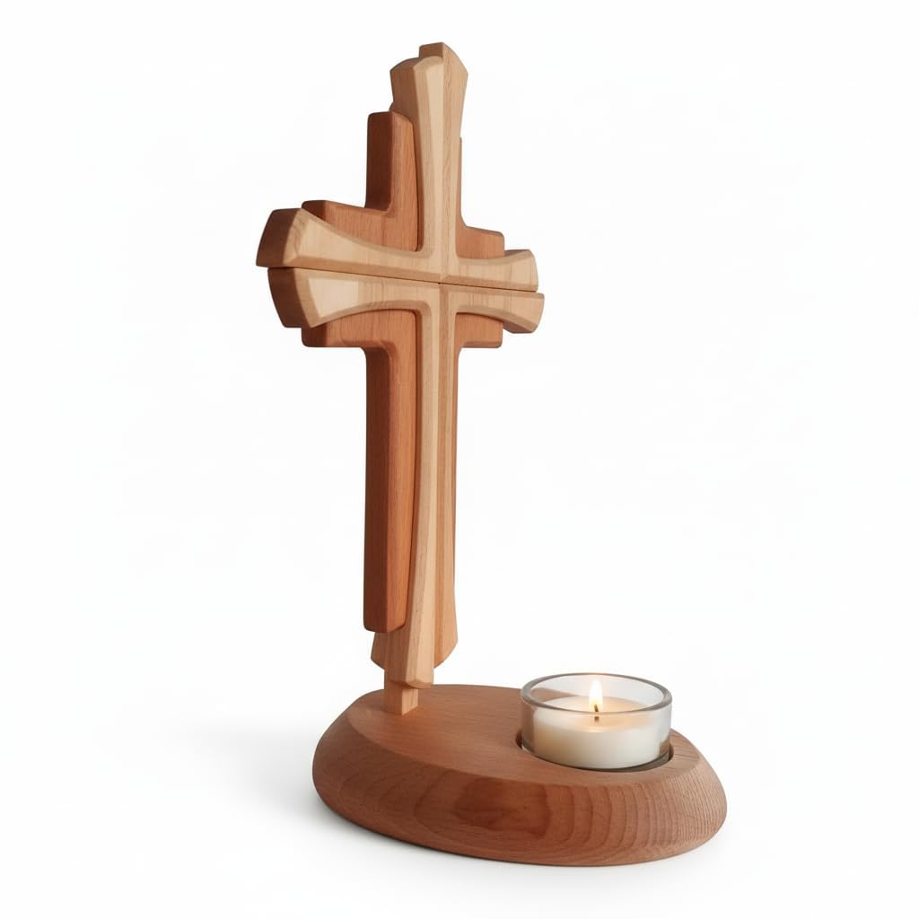 Modernes Echtholz Kreuz mit Kerzenhalter – 25 cm Standkreuz aus Buche & Ahorn – Christliche Geschenkidee zur Kommunion, Taufe, Firmung & Weihnachten
