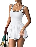 Lookboho Women'S Tennis Knit Pleated Ribbed Athletic Dress Square Neck Sleeveless Mini Golf Dress(W,M) White