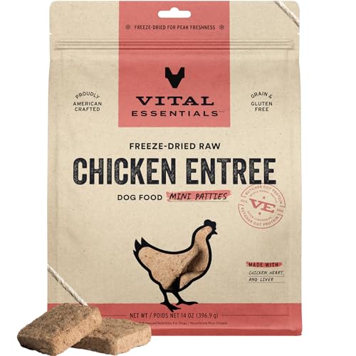 Image of Vital Essentials Freeze Dried Dog Food, Chicken Mini Patties, 14 oz Bag | Soft, Complete Meal or Topper, Made With 99% Chicken, Organs & Bone, High Protein Raw Nutrition, Grain-Free Recipe