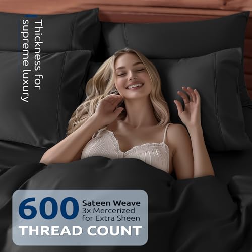 Shilucheng 100% Cotton California King Size Duvet Covers - 600 Thread Count, Luxury Sateen Weave Egyptian Cotton Comforter Cover with Zipper Closure,Hotel Bedding Duvet Covers 3 Piece (Black)
