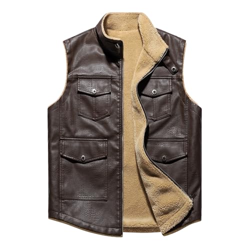 Image of Qolkmuiy-GJ Mens Sheepskin Lined Leather Vest Classic Western Style Fleece Gilet Shearling Bomber Sleeveless Jackets, Wine Red, 3XL
