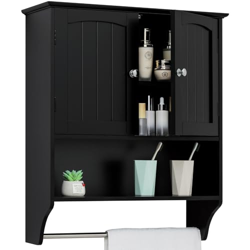 Iwell Bathroom Wall Cabinet with Adjustable Shelf & Doors, Over The Toilet Storage Cabinet, Medicine Cabinet for Bathroom, Laundry Room, Kitchen, Black