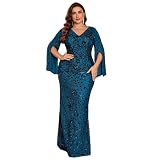 BluePlum Plus Size Formal Dresses for Women 2025, Cocktail Dresses with V-Neck and Cape Sleeve, Wedding Guest Dresses, Maxi Elegant Dress for Party, Teal Blue, Size 2XL