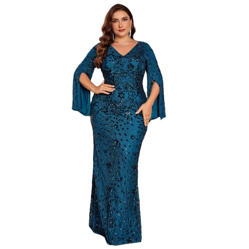 Image of Plus Size Formal Dresses for Women with Embroidery Sequin and Cape Sleeve, V-Neck Maxi Dress for Wedding and Party