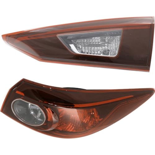 West River Tail Light 2pcs Right Passenger Side Inner-Smoked Lens Outer-Clear & Red Housing Taillights Taillamps Brakelights for Mazda 3 2014