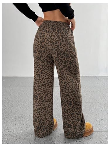 COZYEASE Women's Leopard Wide Leg Baggy Pants Drawstring Waist Y2K Trousers with Pocket2