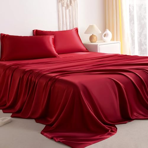 NTBAY Silk Satin King Sheet Set 4-Piece Luxury and Soft Bedding Set Cooling Silky Sheets for Hair and Skin Includes 2 Pillowcases 1 Flat Sheet 1 Fitted Sheet with Deep Pocket Wine Red
