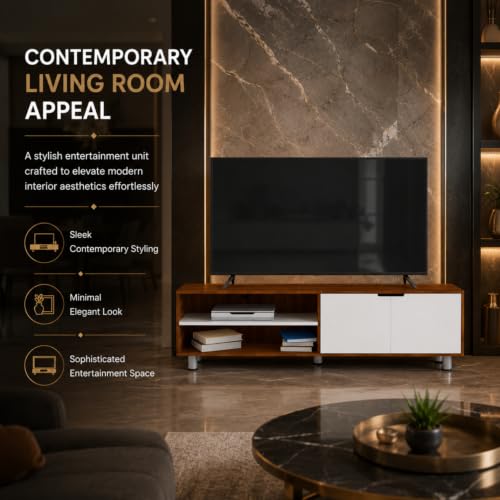 Image of GRATUS Duston Engineered Wood Wall Mount TV Stand | Modern Entertainment Unit with Set Top Box Shelf | Dual Tone Walnut & White | Easy DIY Setup