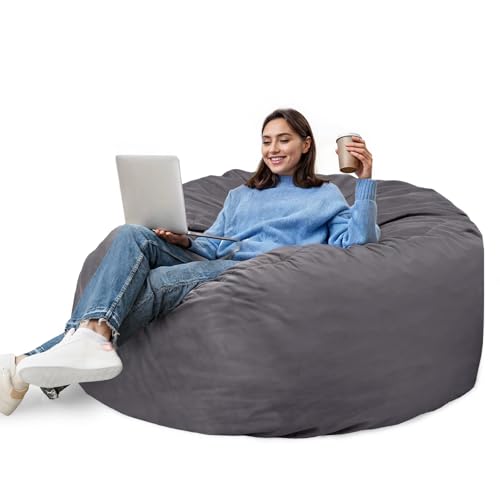 DUMOS 4FT Bean Bag Chair Beanbag for Adults and Kids Oversized Lazy Sofa Living Room Furniture with Removable Washable Cover Giant Comfy Gaming Chair Round Couch for Bedroom Dorm Dark Grey