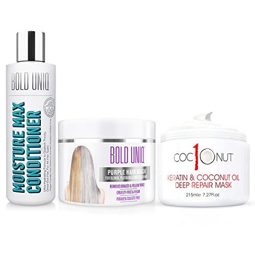 Purple Hair Mask - For Blonde, Platinum, Bleached, Silver, Gray, Ash & Brassy Hair, Moisturizing Conditioner, and Coconut Hair Mask Bundle - Paraben & Sulfate free, Cruelty-free & Vegan