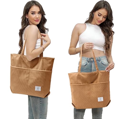 Image of KALIDI Women Corduroy Tote Bag Zipper Casual Tote's Handbag Big Capacity Shoulder Bag with Pockets
