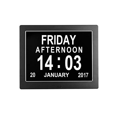 Digitale Kalender-Tagesuhr, automatisch dimmbares Display, großer, Nicht abgekürzter Tag und Monat mit 5 Alarm- und 3 Medikamentenerinnerungen für