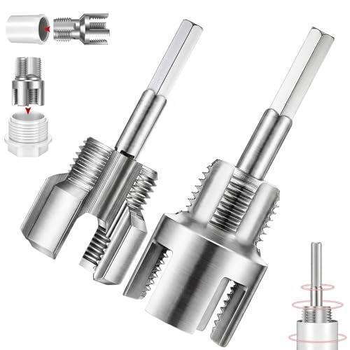 Image of 2 Pcs Pipe Thread Cutting Tool Integrated Internal & External Pipe Threading Tool Electric Drill Compatible PVC Tube Threader Kit, 1 /2 inch, 3 /4 inch, 1'' Tube Sizes Rethreading Kit(2 Sizes, Silver)