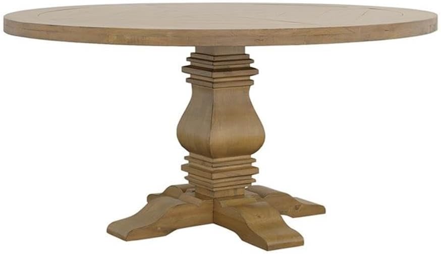 Pemberly Row Round Pedestal Wood Dining Table, 30" H x 59.75" L x 59.75" W, Solid Pine and Mahogany, Rustic Smoke Finish, Classic Traditional Design, Compact Space Dining Room Table for 6