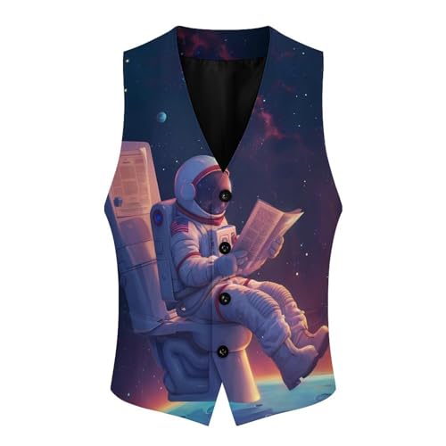 Outeres Spacees Astronaut Men's Suit Vests Business Formal Dress V-Neck Waistcoat Tops with 2 Pockets4
