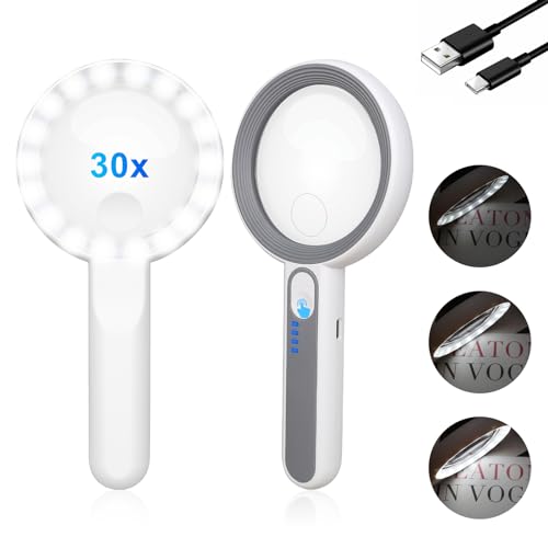 Loupe de Lecture Loupe 30X avec 18 LED Lumière,3 Modes D'éclairage Rechargeable par USB Eclairante pour Les Seniors, Horloger, Passe-Temps, Artisanat, Monnaies, Timbres,Bijoulier