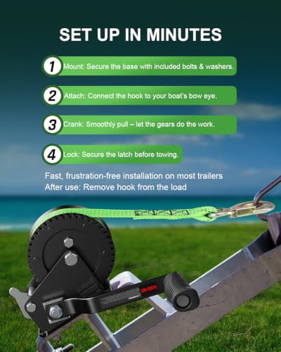 Image of Kolvoii 1600 lbs Boat Trailer Winch with Strap, Portable Hand Winch, 2-Way Ratchet 4.1:1 Gear Ratio for Boat, Trailer, Marine and Jet Ski, 26FT Strap, Green