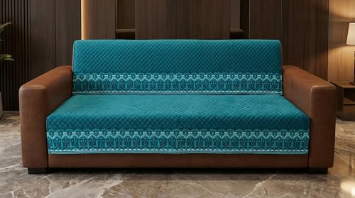 Image of Velvet L Shape 2+2 (4 Seater) Sofa Cover Fully Covered | Anti Skid Non Slip | Plain Aqua Blue | Washable Furniture Protector