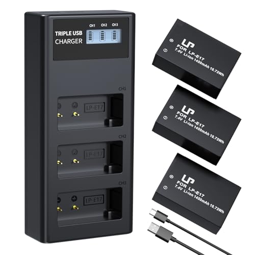 LP LP-E17 Battery and Charger Set, 3-Pack LP E17 1450mAh Battery & Triple Slot Charger for Canon EOS R50 RP R8 R10, Rebel T8i, T7i, T6i, T6s, SL2, SL3, EOS M3, M5, M6, EOS 200D, 77D, 750D, 760D, 800D