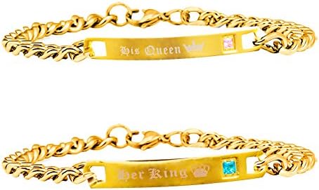 Uloveido Gold Plated Cool Titanium Cuban Chain Bracelet Set with Pink Blue Cubic Zirconia - Charm His and Hers Matching Bracelets for Couples SN123 (Gold Couples Bracelets/King Queen)