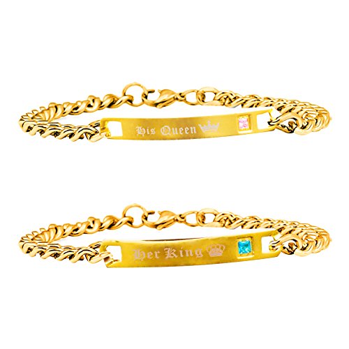 Uloveido Gold Plated Cool Titanium Cuban Chain Bracelet Set With Pink Blue Cubic Zirconia - Charm His And Hers Matching Bracelets For Couples Sn123 (Gold Couples Bracelets/King Queen) #TOP4