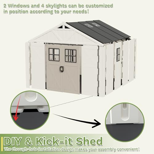Image of Greesum 10x10FT Plastic Outdoor Storage Shed with Floor and Lockable Door, Resin Sheds with 4-Windows and Multiple Skylights, Organization for Garden, Lawn, Backyard, Beige