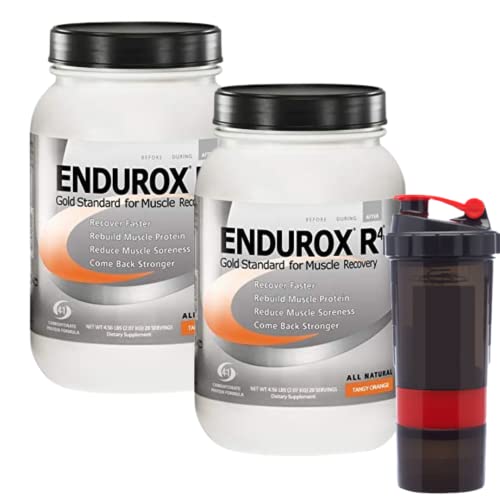 PacificHealth Endurox R4, Post Workout Recovery Drink Mix with Protein, Carbs, Electrolytes and Antioxidants for Superior Muscle Recovery, 2 Pack with Free Shaker Bottle (Tangy Orange)