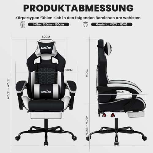SUKIDA Gaming Stuhl, Ergonomischer Gaming-Stuhl mit Fußstütze, Racing Gaming Chair Kopfstütze Verstellbarer Computerstuhl Höhenverstellbar… – Ansicht 3