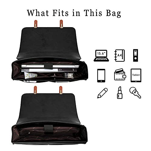 ECOSUSI dames aktetas, laptoptas 15,6 inch, vintage schoudertas met afneembare strik, schooltas, zwart/bruin - Image 3
