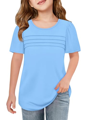 Image of Imily Bela Girls Pleated Short Sleeve T Shirts Kids Summer Crewneck Shirts Casual Tops Tees 5-14 Years